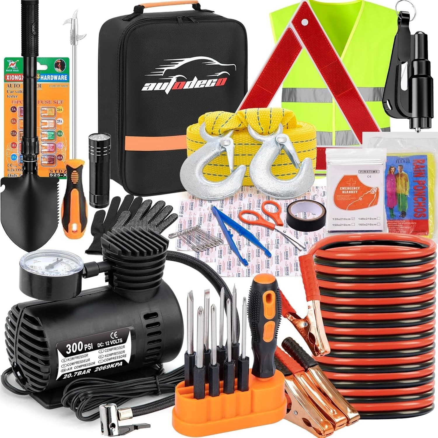 Car Emergency Roadside Assistance Kit with Jumper Cables Tire Inflator Automotiv