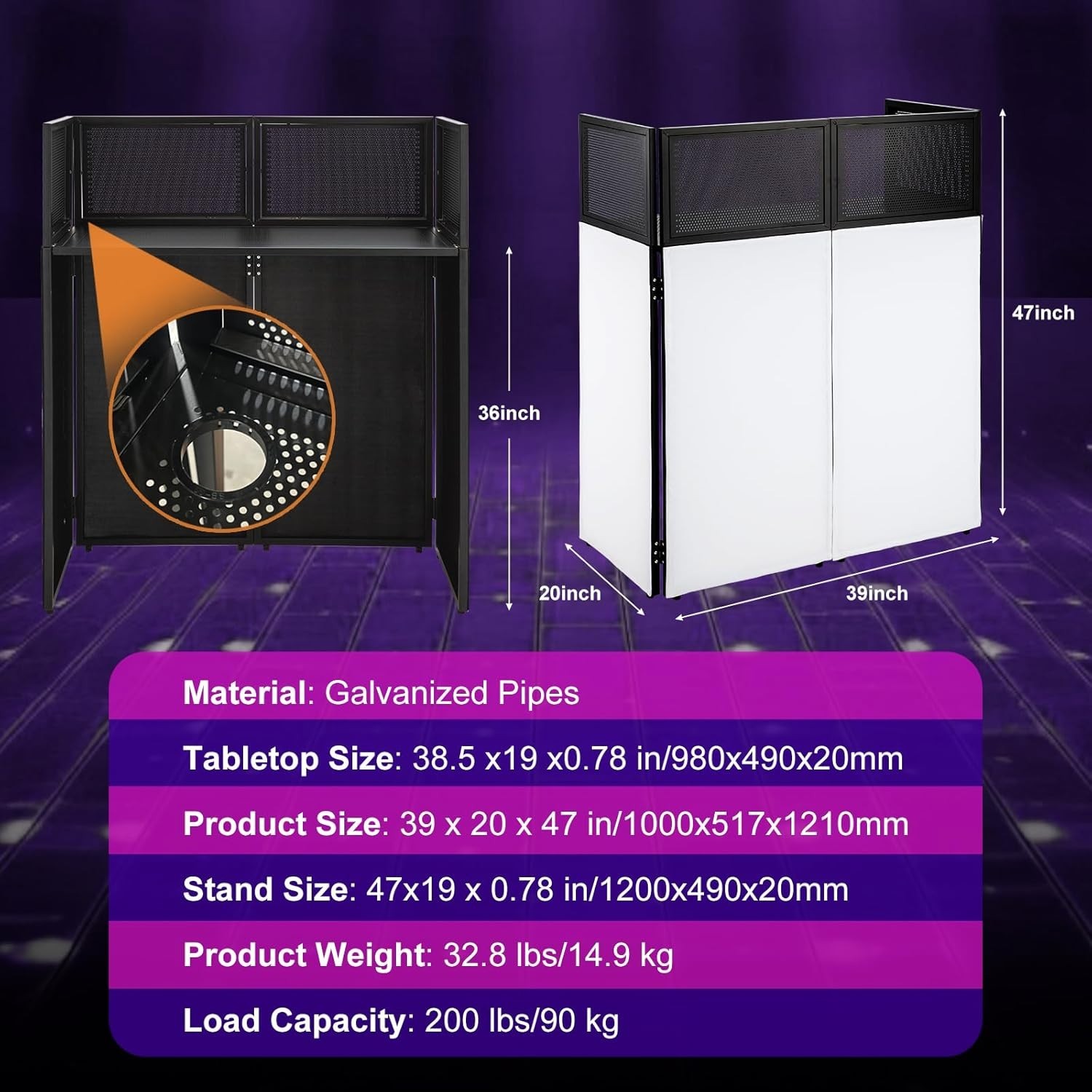 Portable DJ Booth Facade Stand | Foldable DJ Table with 38.5"x19" Surface & C...