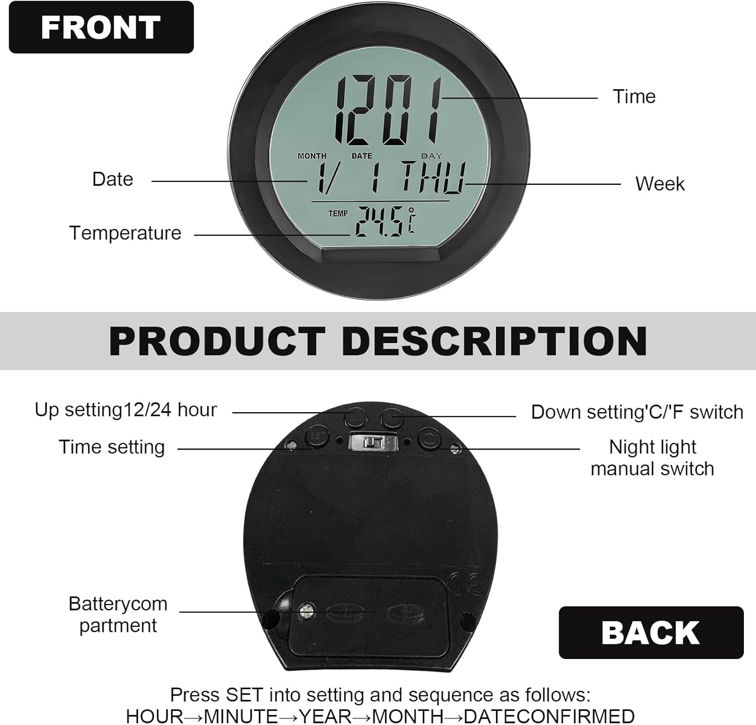 Car Digital Thermometer Clock, Dashboard Clock w Color: Standard Digital Clock