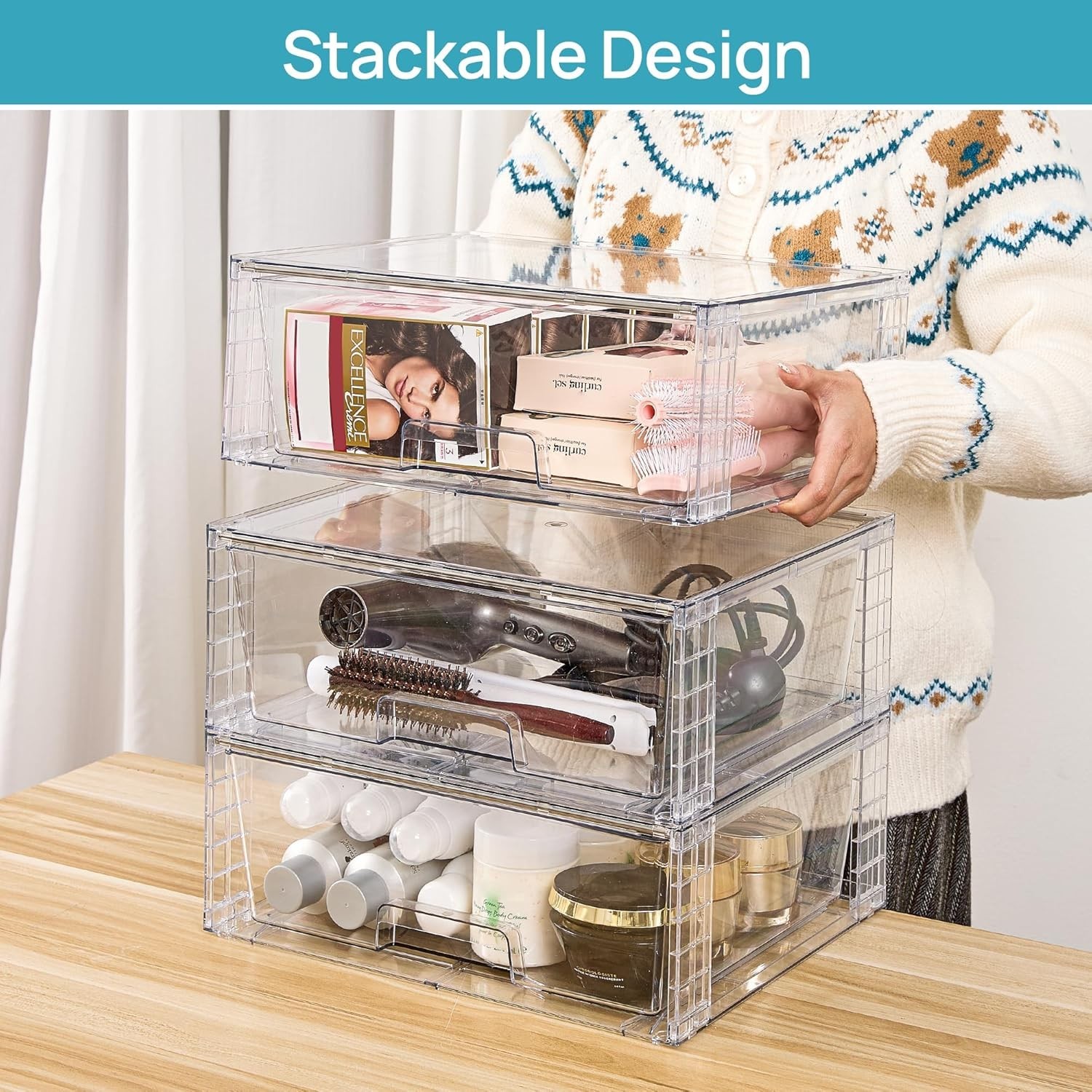 4 Pack Large Stackable Storage Drawers,Easily Assemble Clear Acrylic Bathroom...