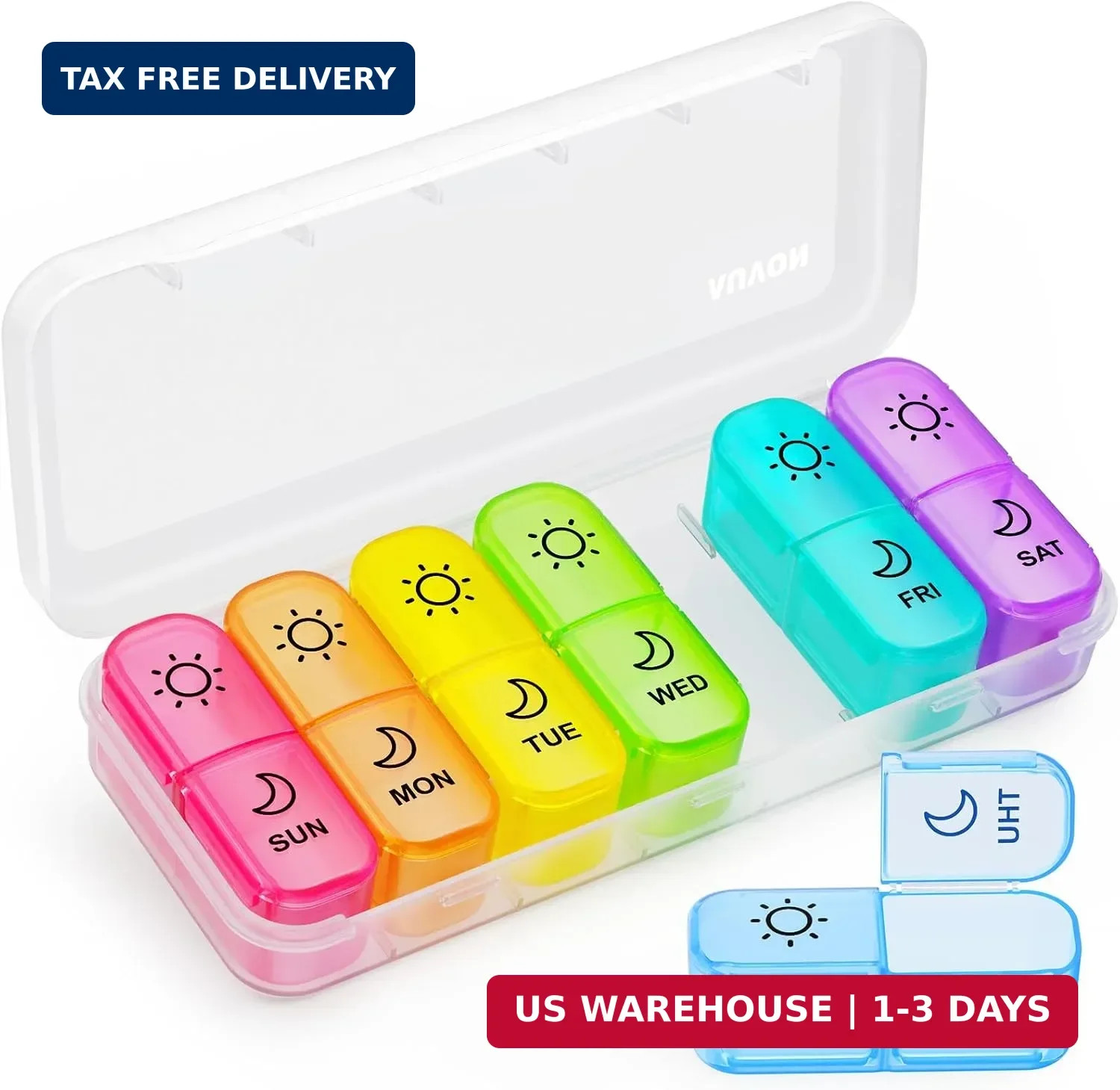 AUVON Weekly Pill Organizer 2 Times a Day in 7 Colors with Face-Up Labels for Ea