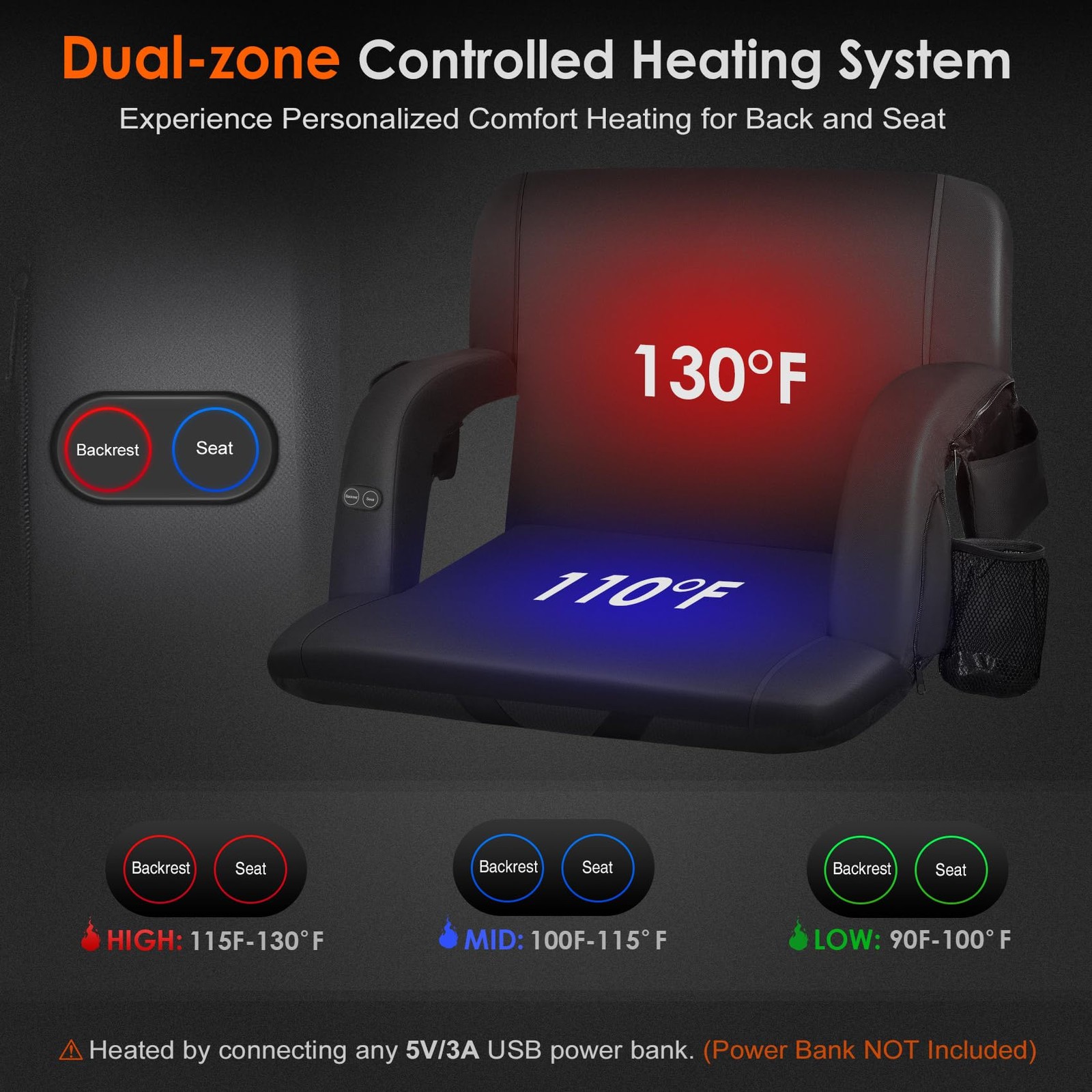 21" Dual-Sided Heated Stadium Seats for Bleachers with Back Support, 3 Levels...