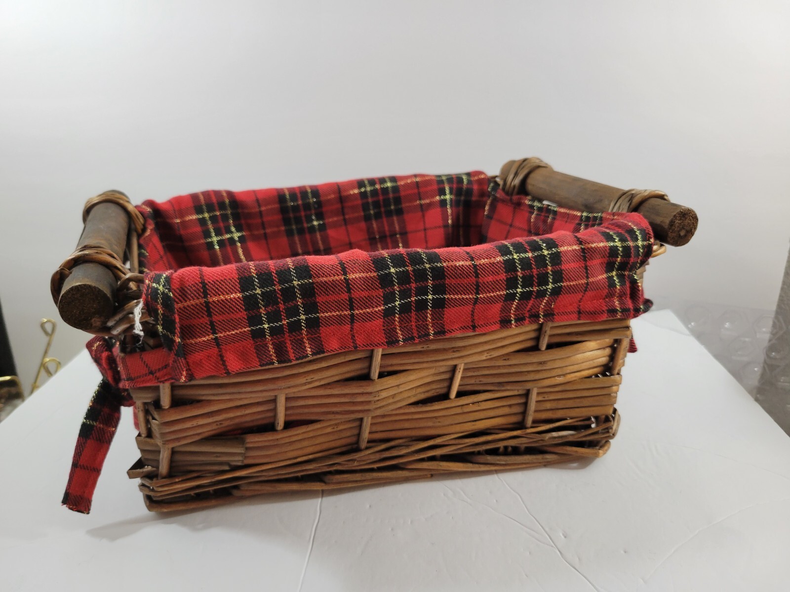 Wicker Basket Red Plaid Liner Rectangle Handles