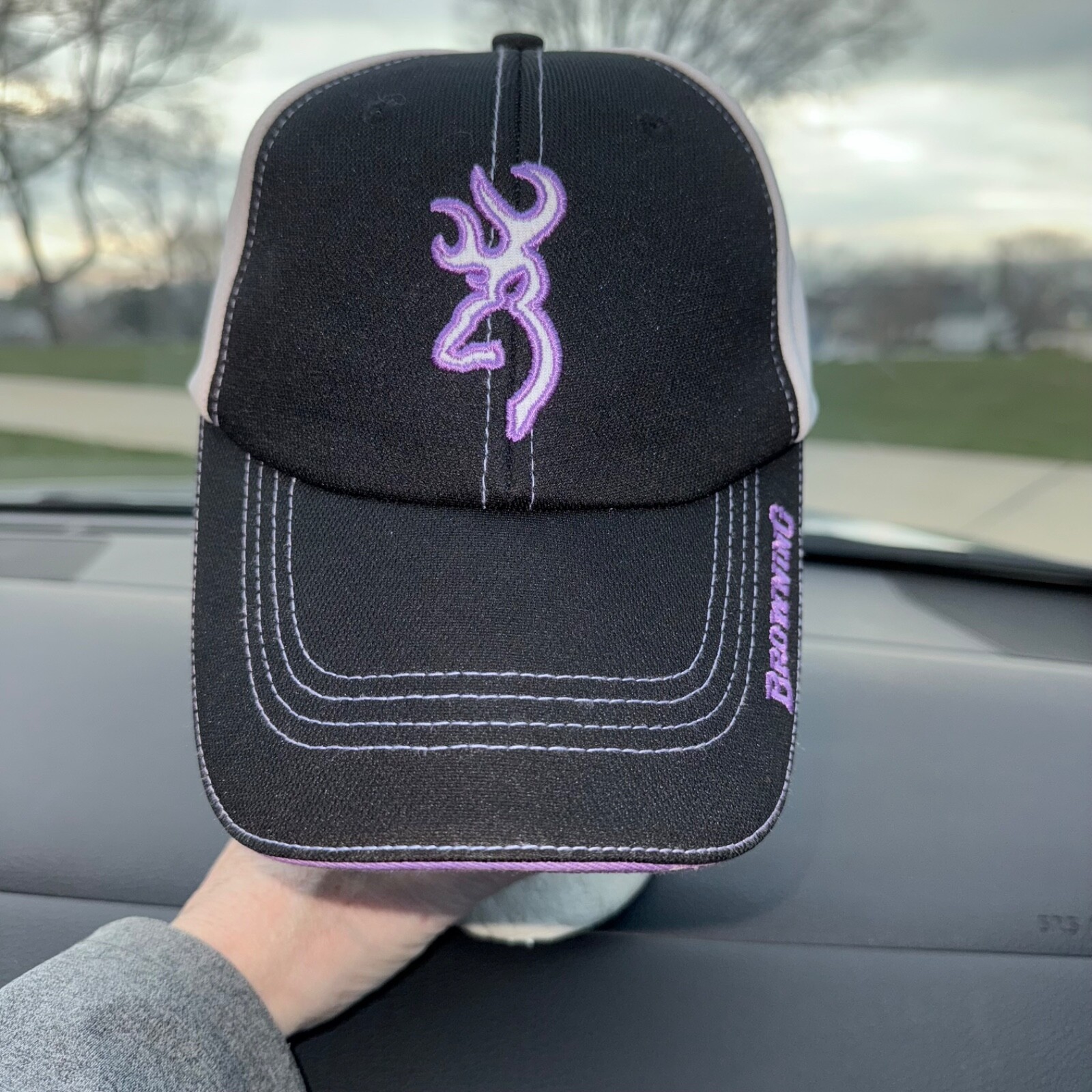 Browning Logo Black Purple White Hat Cap Hook Loop Vent Holes on Sides EUC
