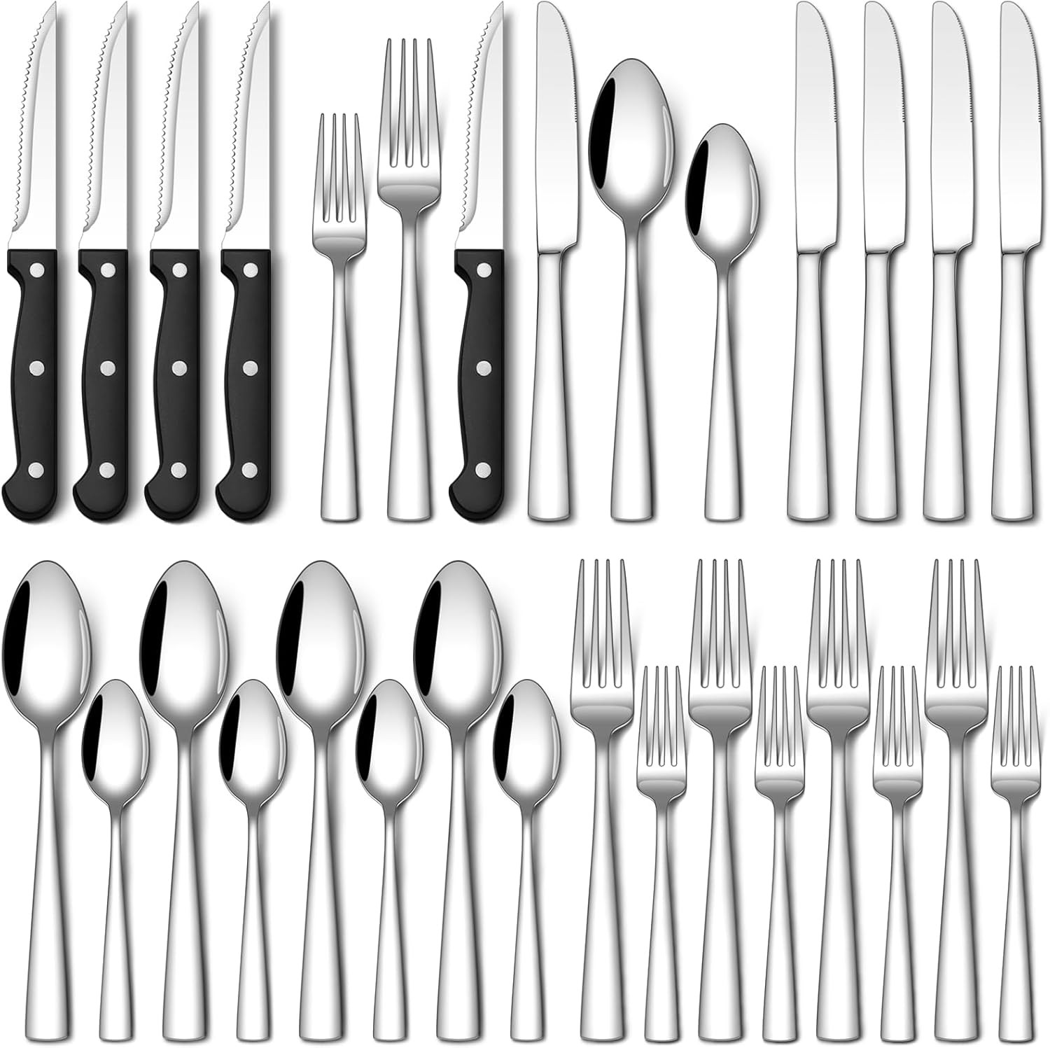 24-Piece Silverware Set with Steak Knives, Food-Grade Stainless Steel Flatware