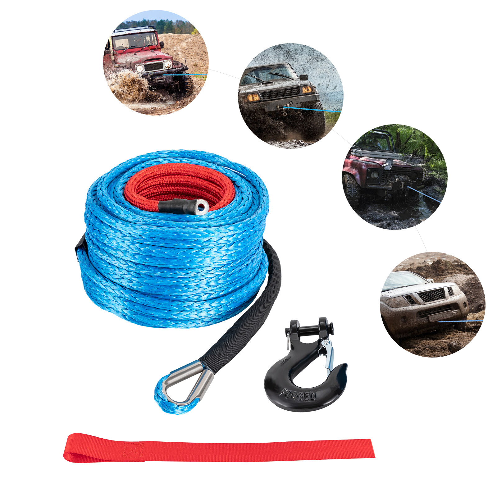 3/8x100' Synthetic Winch Rope w/ Hook Winch Cable w/Protective Sleeve New
