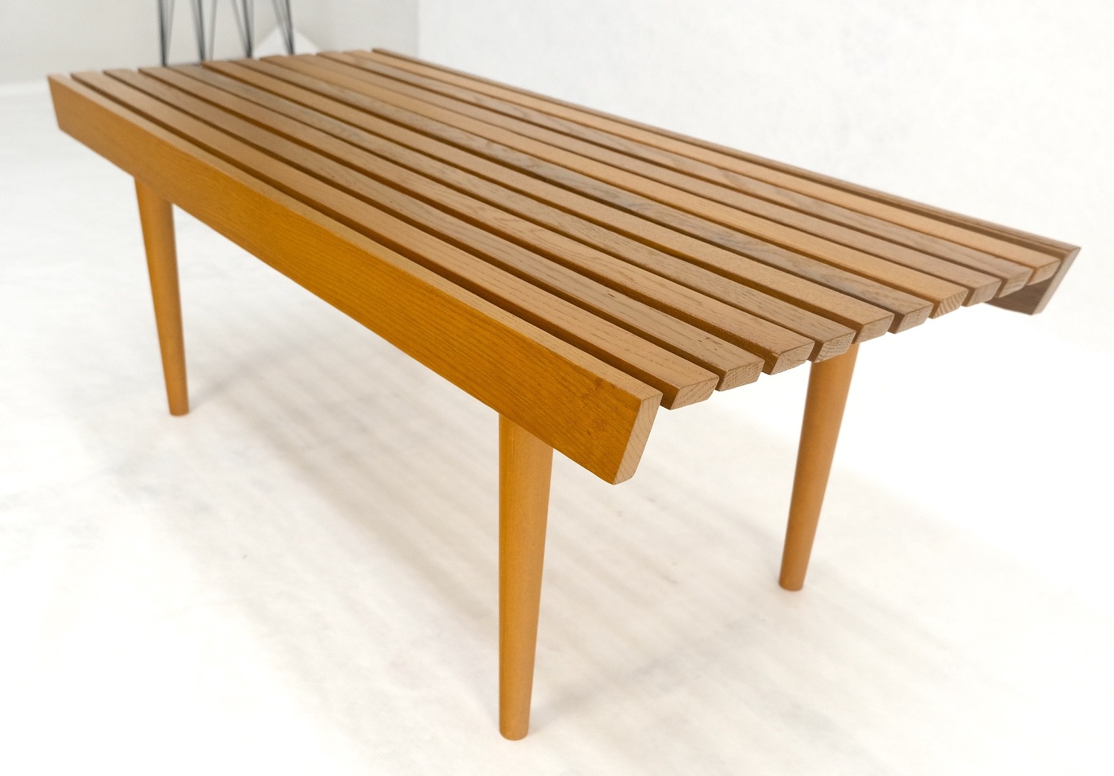 Modern Light Golden Solid Oak Slat Bench Turned Legs Lacquer Finish USA
