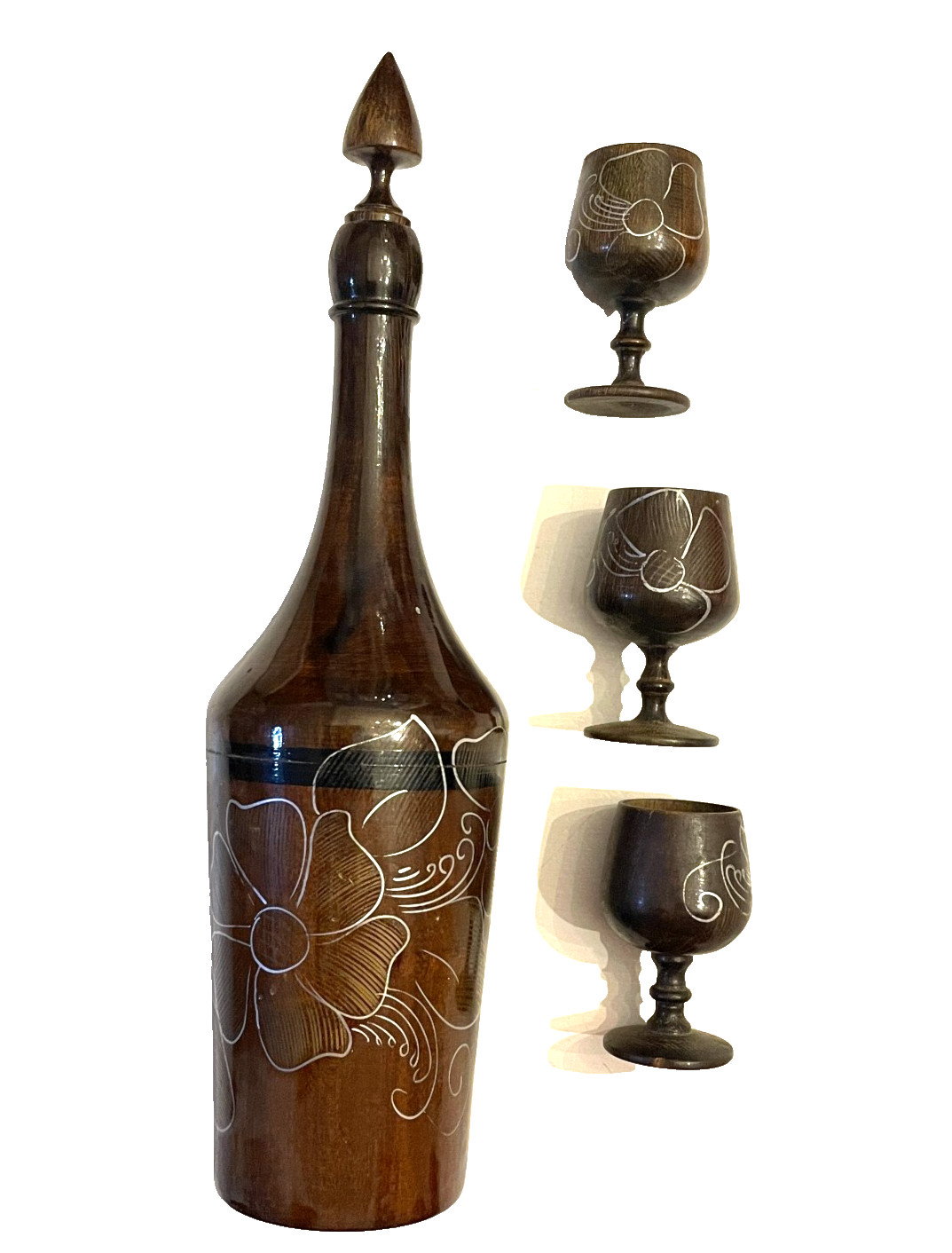 Liquor Decanter Bottle + 3 Goblet LOT Hand Painted Wood Turned Folk Art *AS IS*
