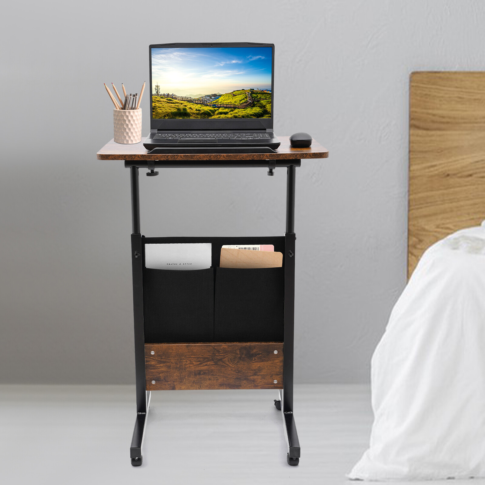 Rolling Adjustable Laptop Desk 32-47in Mobile Standing Table w/ Storage