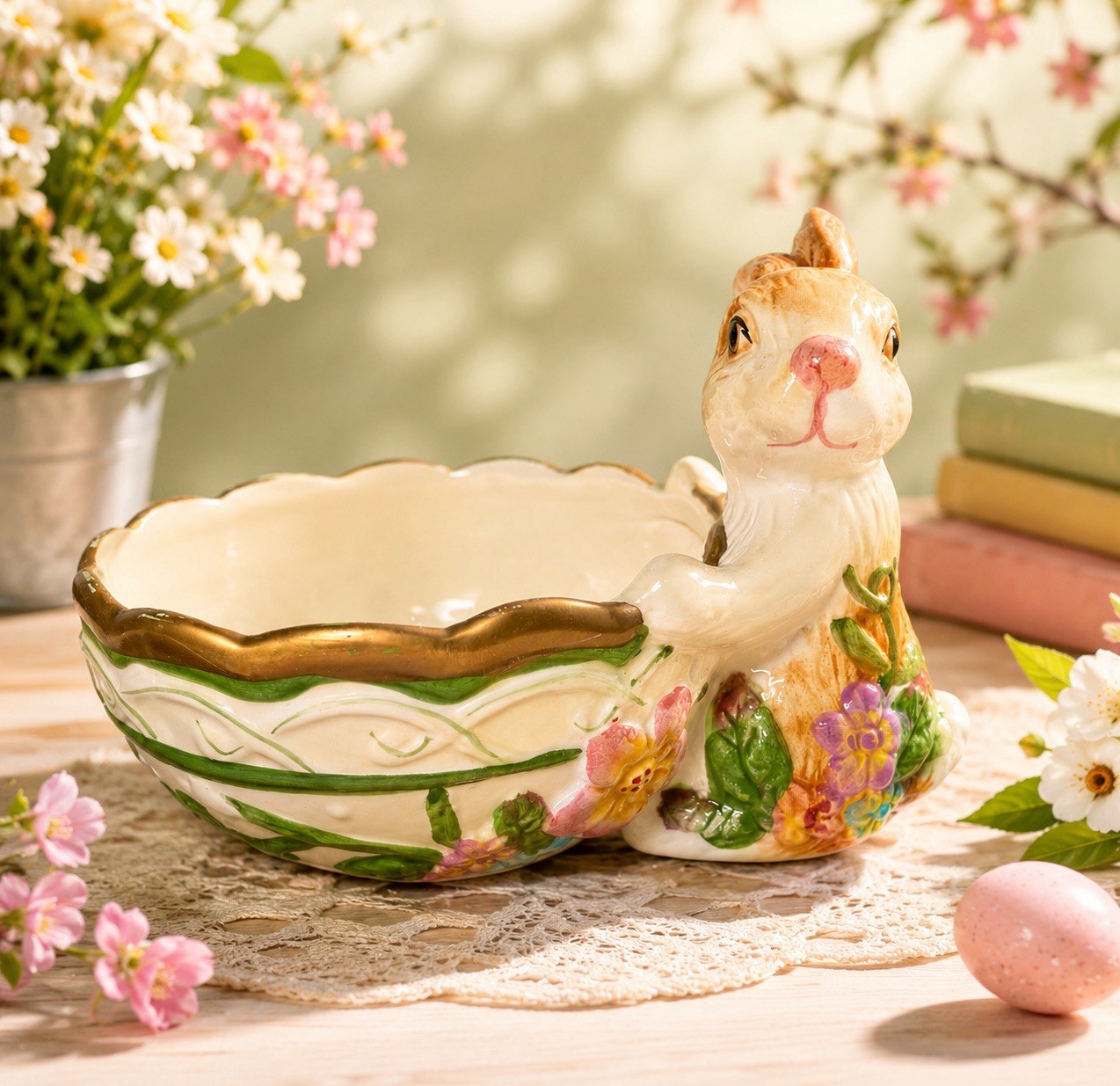 Nantucket 1980s Easter Bunny Floral Ceramic Planter Dish Gold Trim, 5.25x2.5”