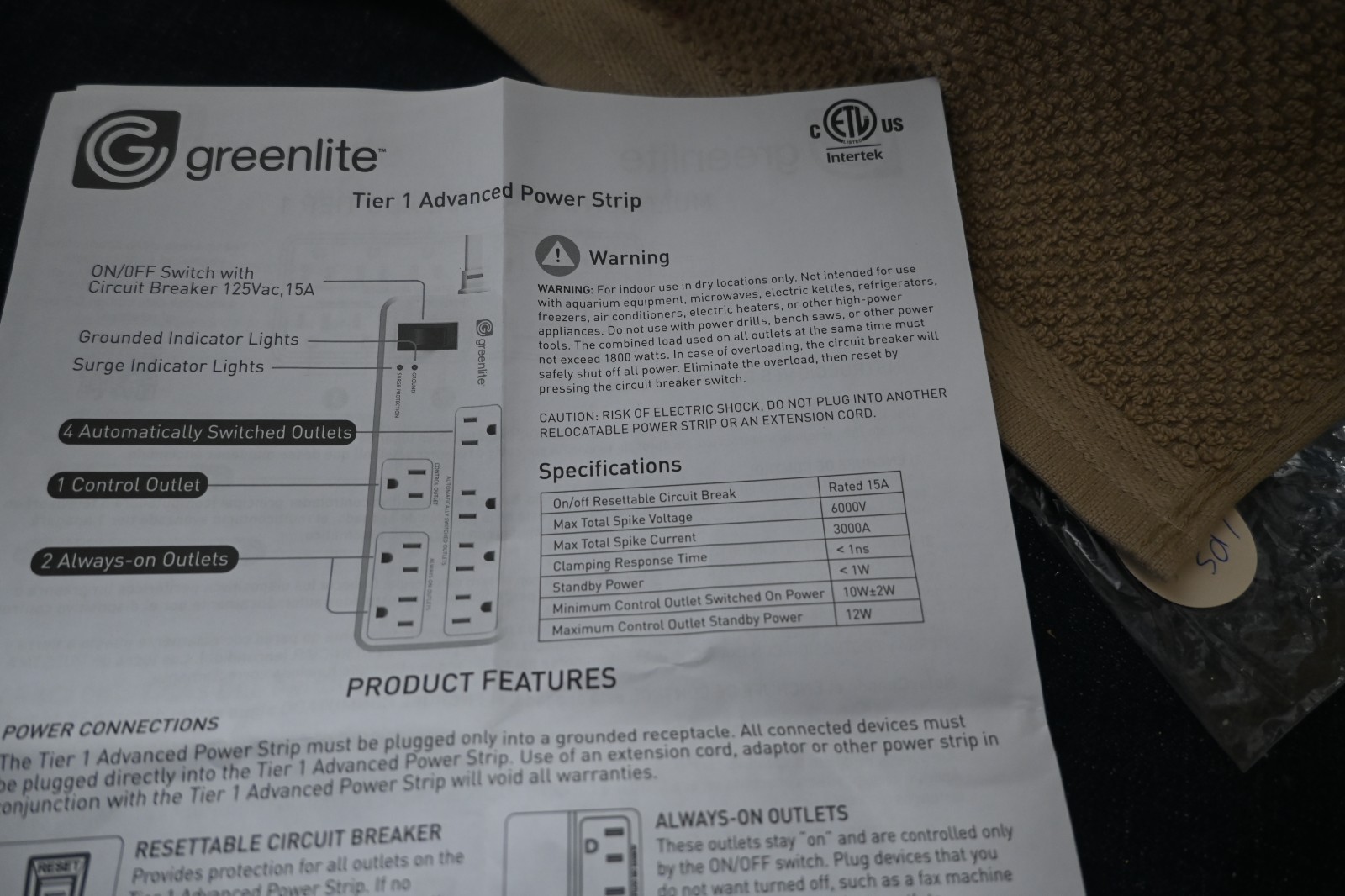 Greenlite Tier 1 advanced power strip 7 outlets sealed with instructions