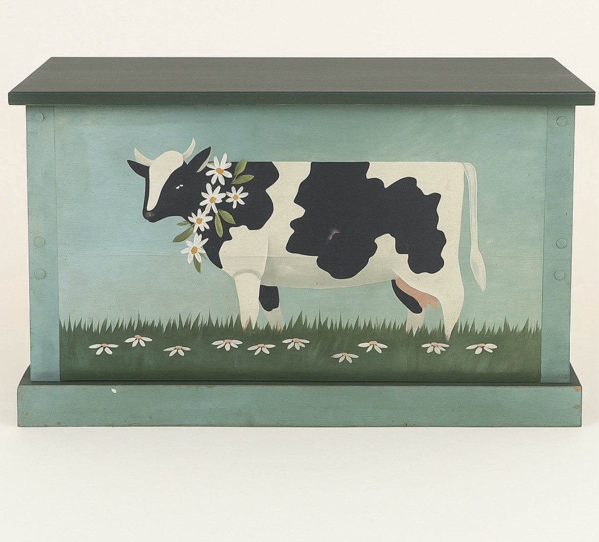 Hand-Painted Farmhouse Cow Storage Chest / Blanket Box – Primitive Country Décor