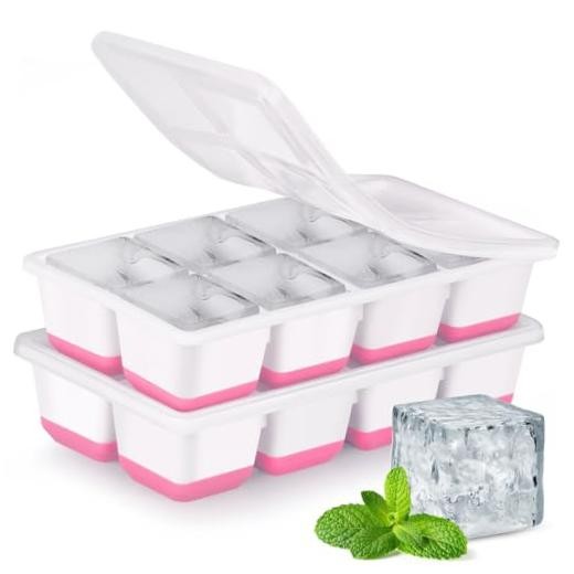 Large Ice Cube Trays with Lid,  2 Pack Stackable Silicone Ice Cube Molds for