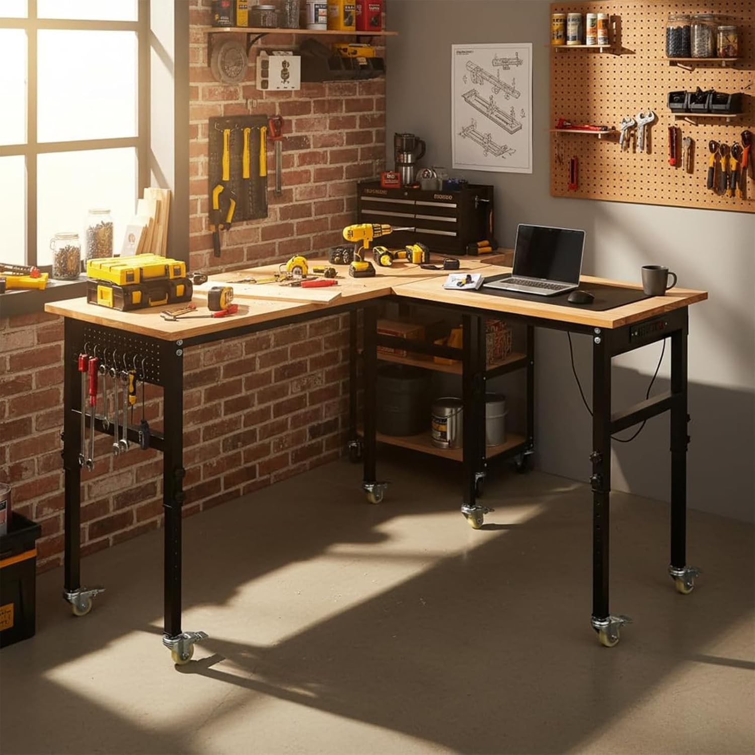 L Shaped Adjustable Workbench with Pegboard Power Outlets Wheels 2000lb Capacity