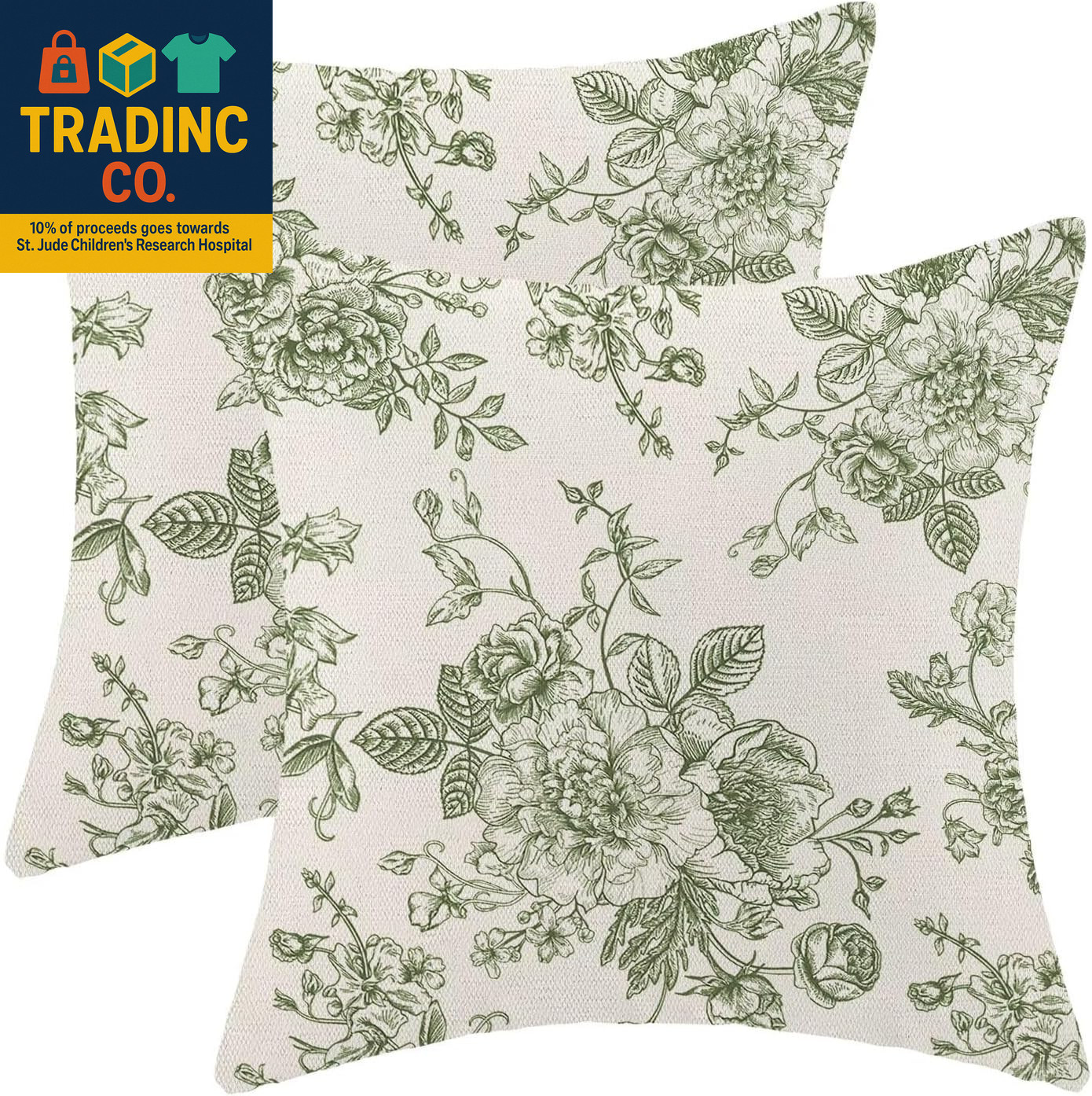 Chinoiserie Floral Pillow Covers 22 X 22 Inch Set of 2, Vintage Sage Green Flowe