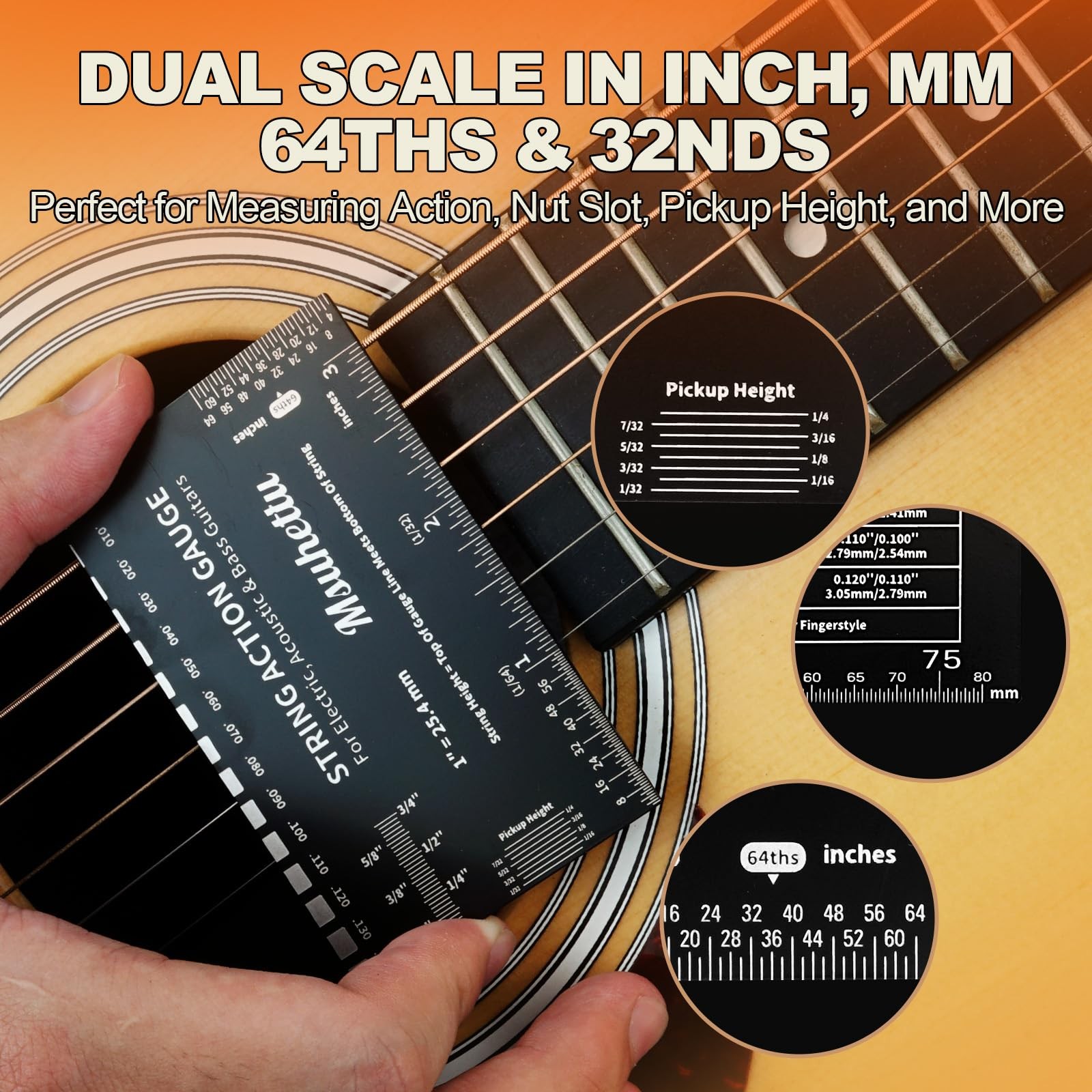 String Action Gauge Ruler, Upgraded Guitar Height Black (Etched)
