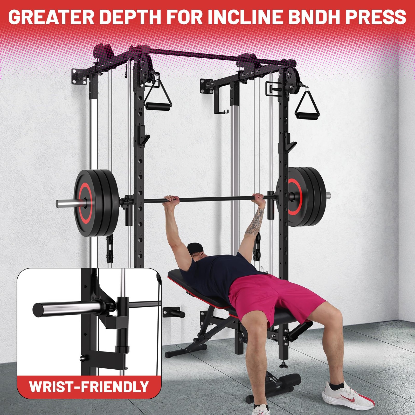 Wall Mount Smith Machine Squat Rack Power Rack with Dual Pulley System Workout