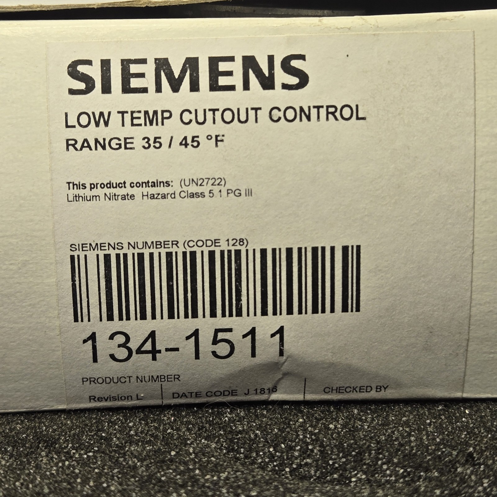 Siemens 134-1511 Low Temperature Cut-Out Control 35°-45°F  1341511
