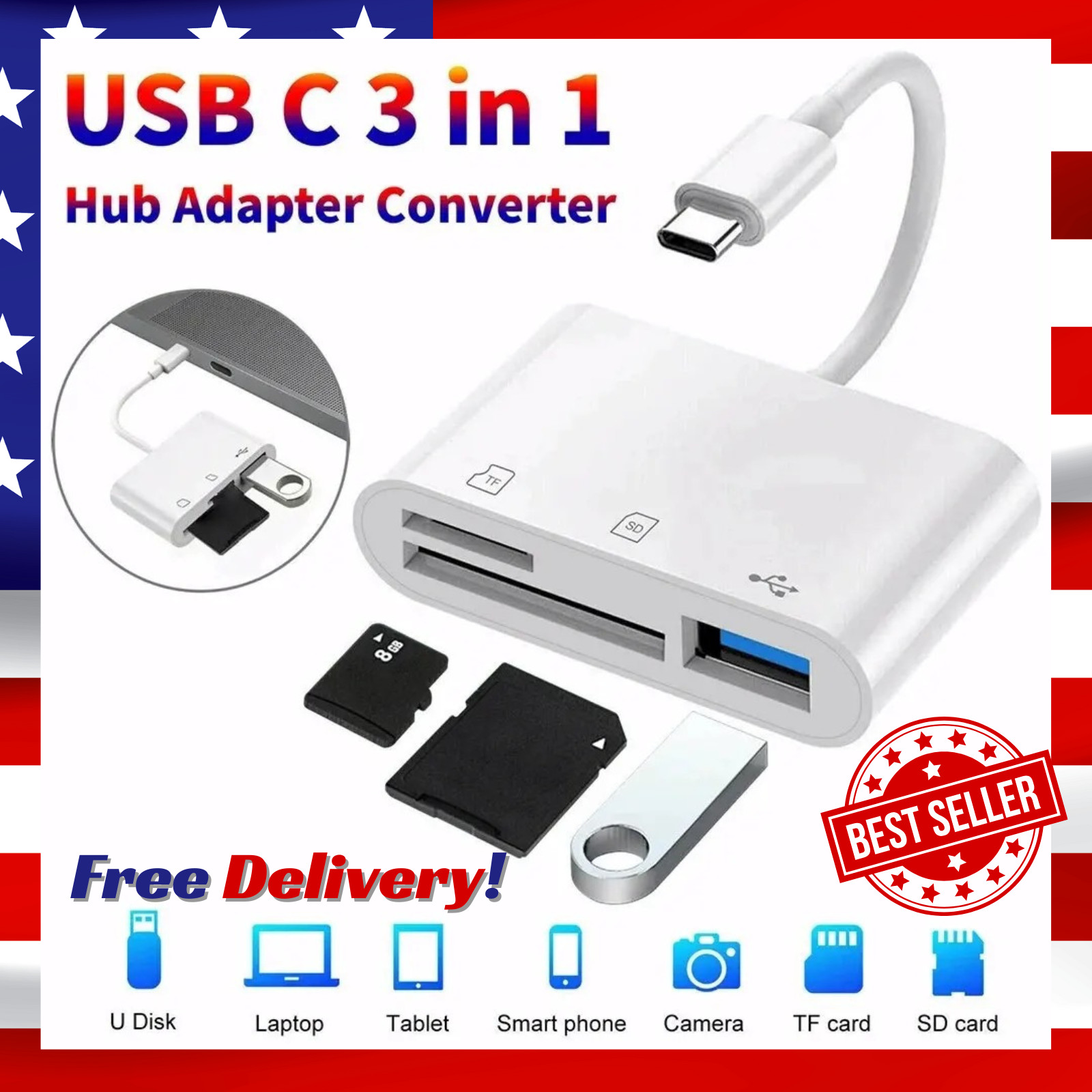 USB C to SD Card Reader, 3-in-1 Hub Converter, Micro SD TF Memory Type-C Adapter