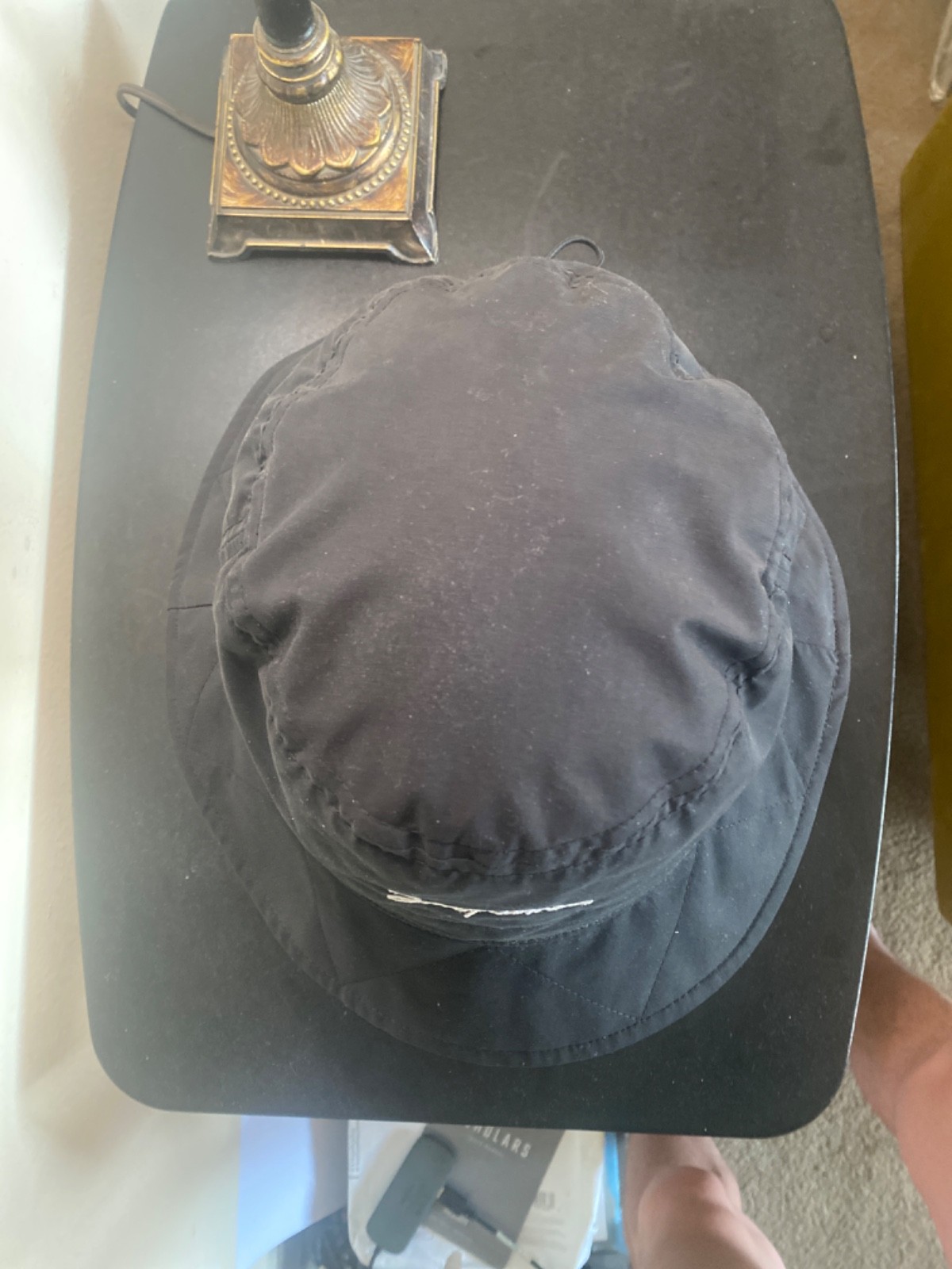 Jacquemus bucket hat black quilted style brim white logo