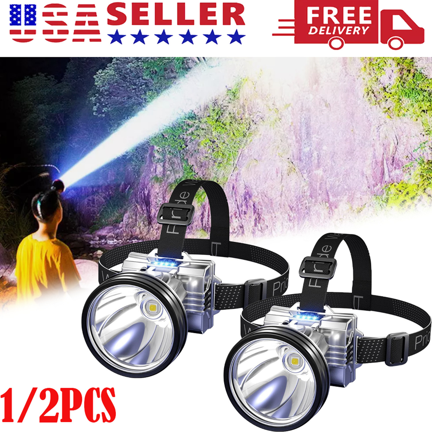 Super Bright Rechargeable High Power Headlamp, Outdoor LED Spotlight Waterproof