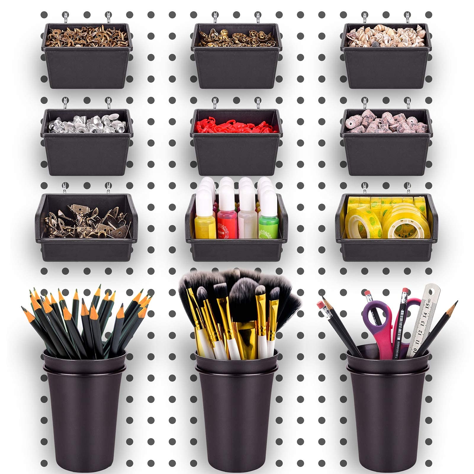 G.CORE 12 Pack Pegboard Bins PegBoard Cups with Hooks & Loops, Peg Hooks Asso...