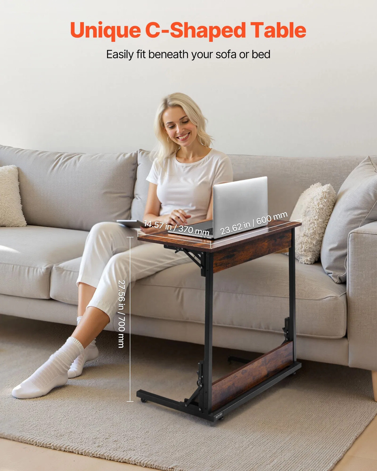 C Table, Folding C Shaped End Table with Metal Frame & Adjustable Feet, Foldable