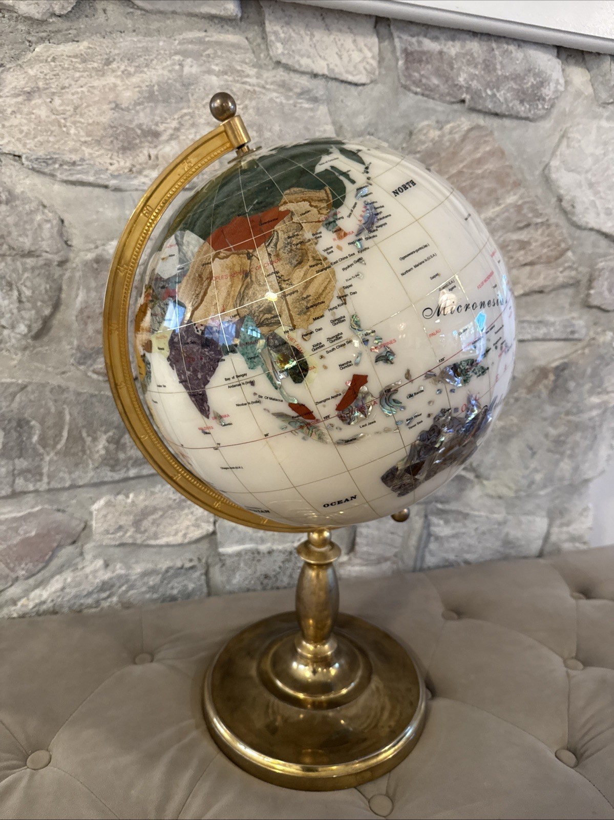 Alexander Kalifano Gemstone Pearl Inlay World Globe w/ Brass Stand - 22" Tall