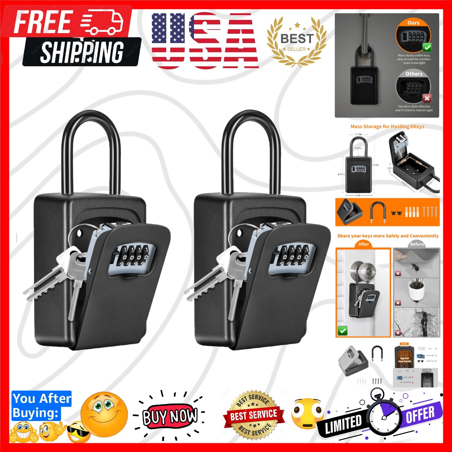 Wall Mounted, Portable Lock Box for House, 5 Key Capacity, Weatherproof Reset...