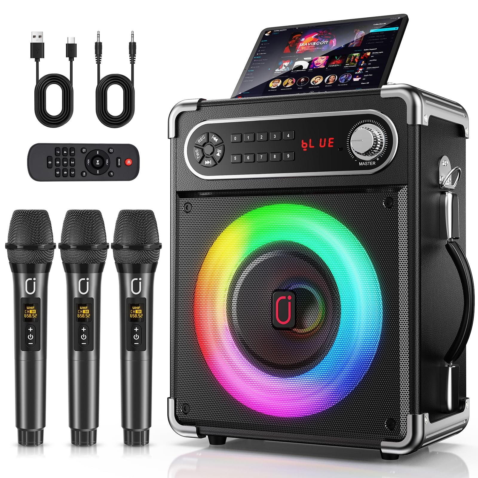 Portable Bluetooth 5.3 Karaoke Machine with 3 Wireless Mics, LED Lights