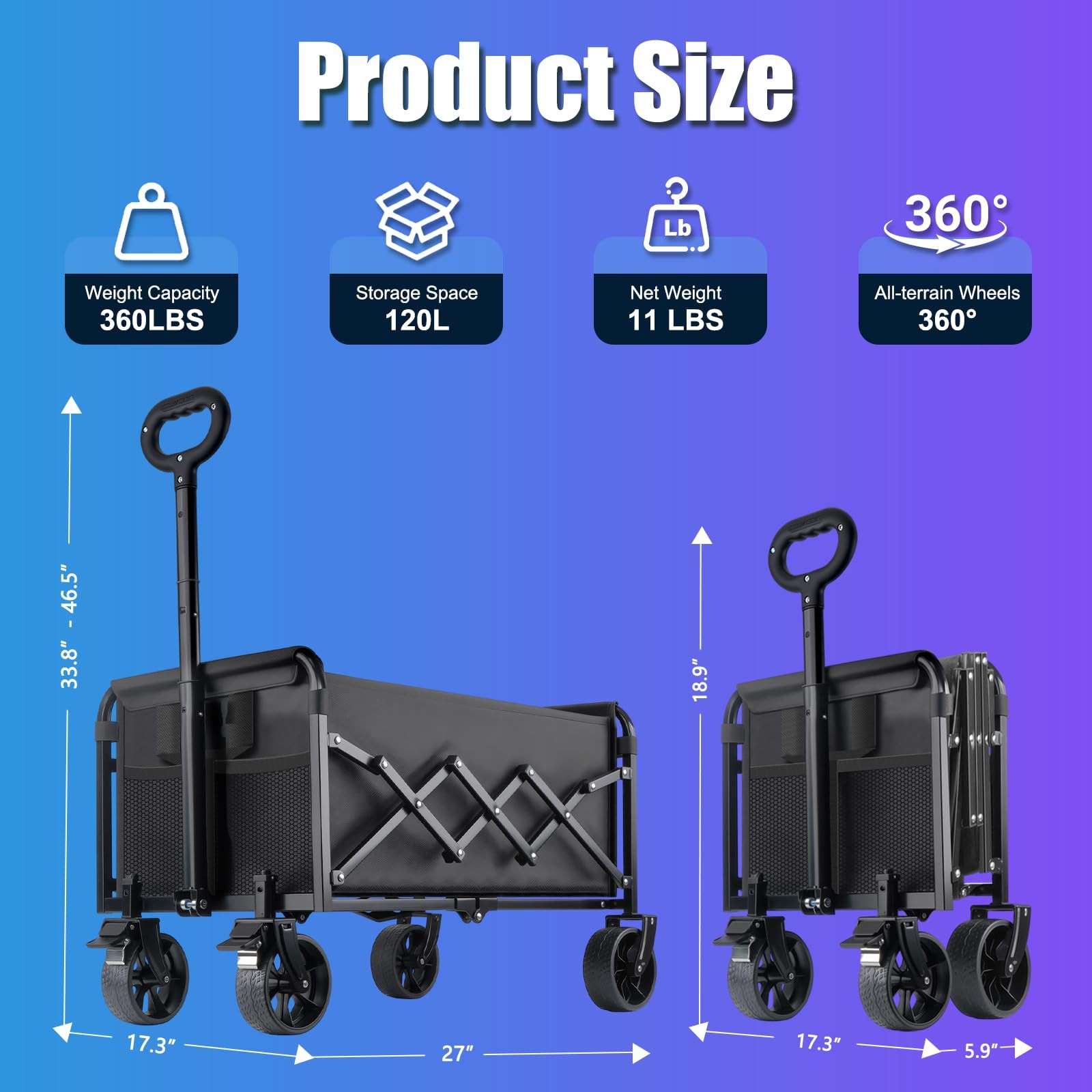 360LBS Collapsible Wagon Cart Foldable - Heavy Duty Portable Utility Folding ...