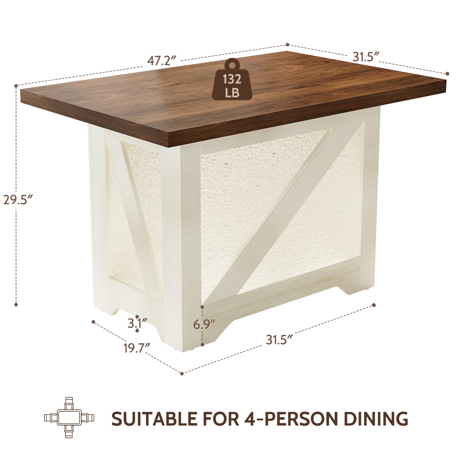 47 Inch Farmhouse Dining Table for 4, Rectangular, Translucent Acrylic X-Base,