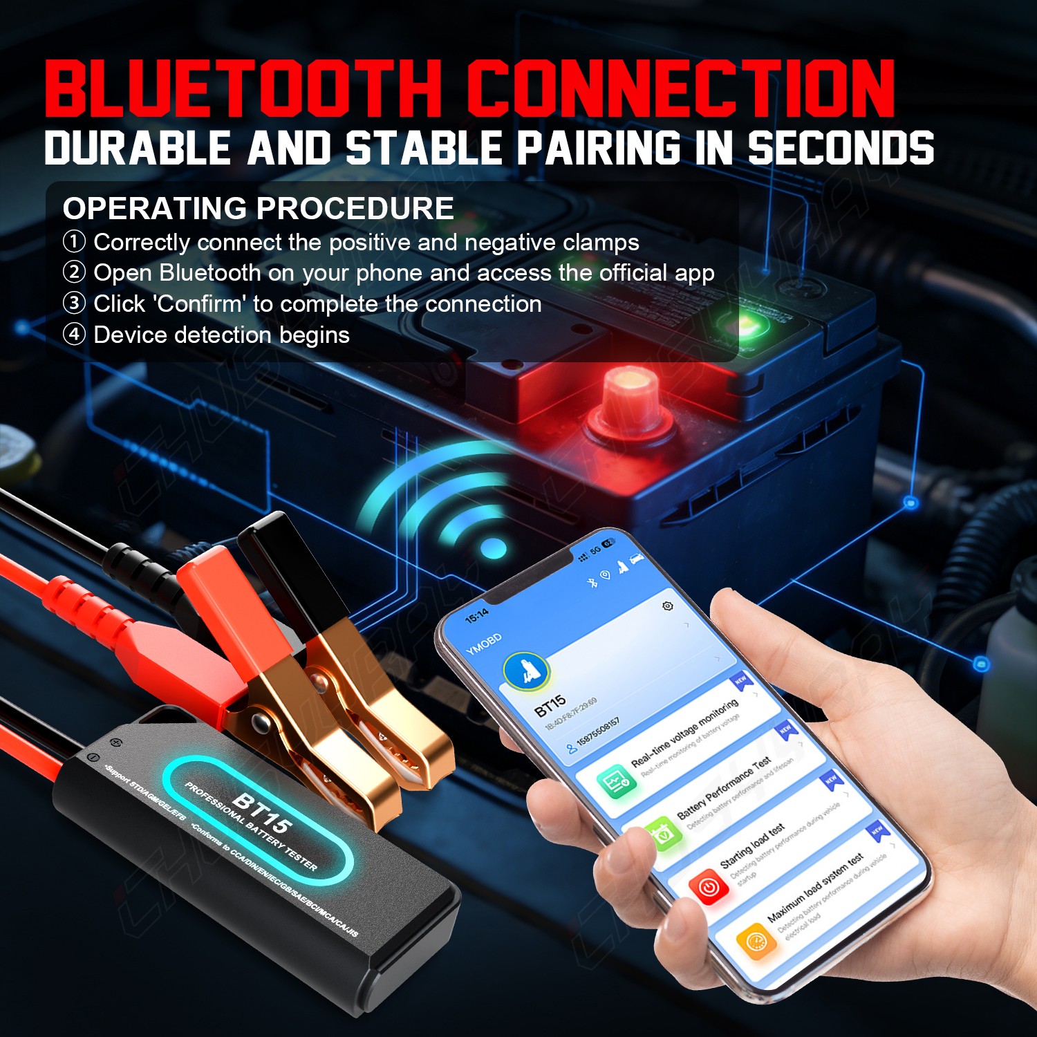 BT15 Battery Analyzer Bluetooth 12V 24V Battery Tester for Android iOS Phones
