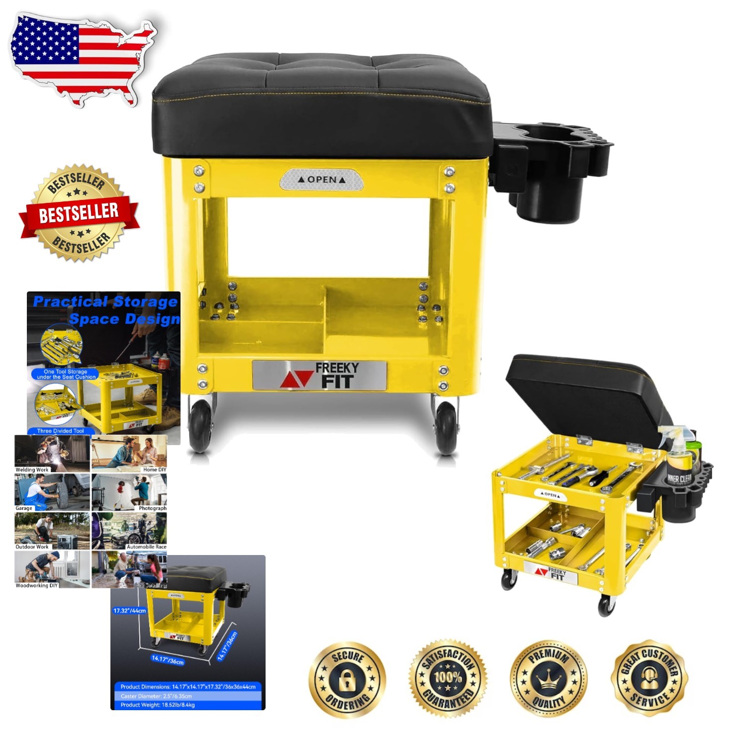Heavy Duty Yellow Mechanic Creeper Seat w/ 2 Tool Trays, 330lb Capacity