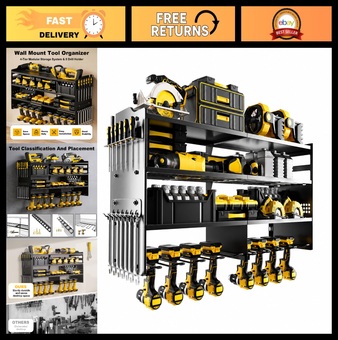Heavy Duty Power Tool Organizer Wall Mount, 8 Drill Holder, 400lbs Capacity, Gar