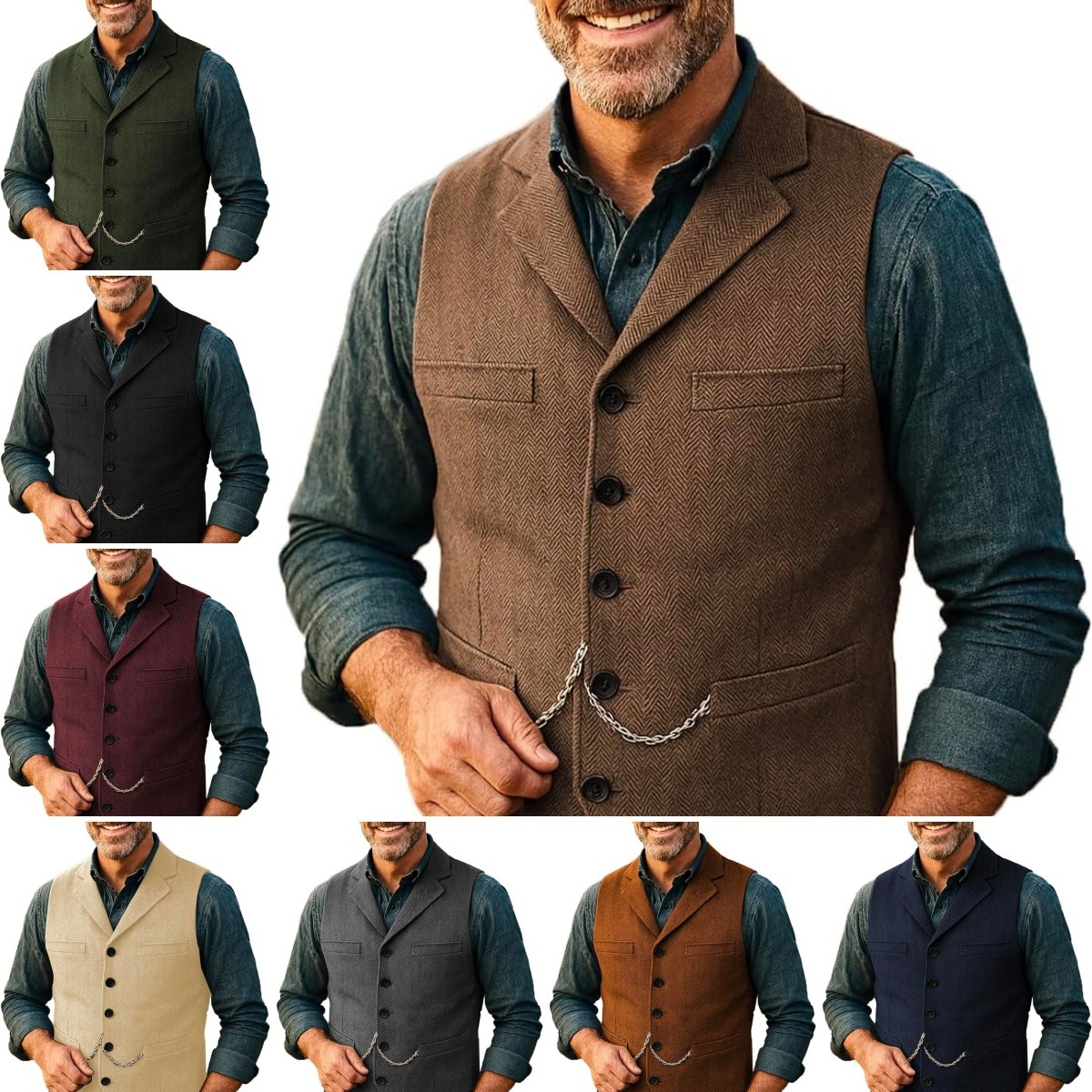 Mens Tweed Herringbone Vest Western Cowboy Vintage Wool Vests M Large XL XXL 3XL