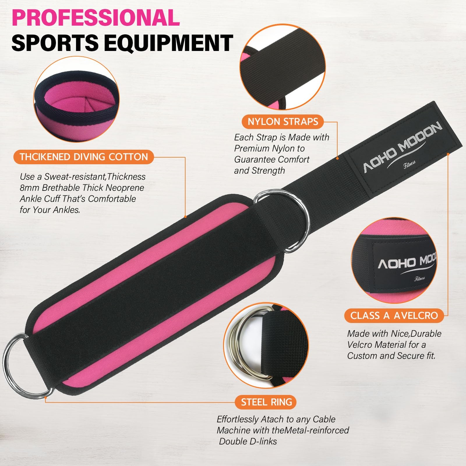 AOHO MOOON Ankle Strap for Cable Machine Attachments, gym Pink - Single