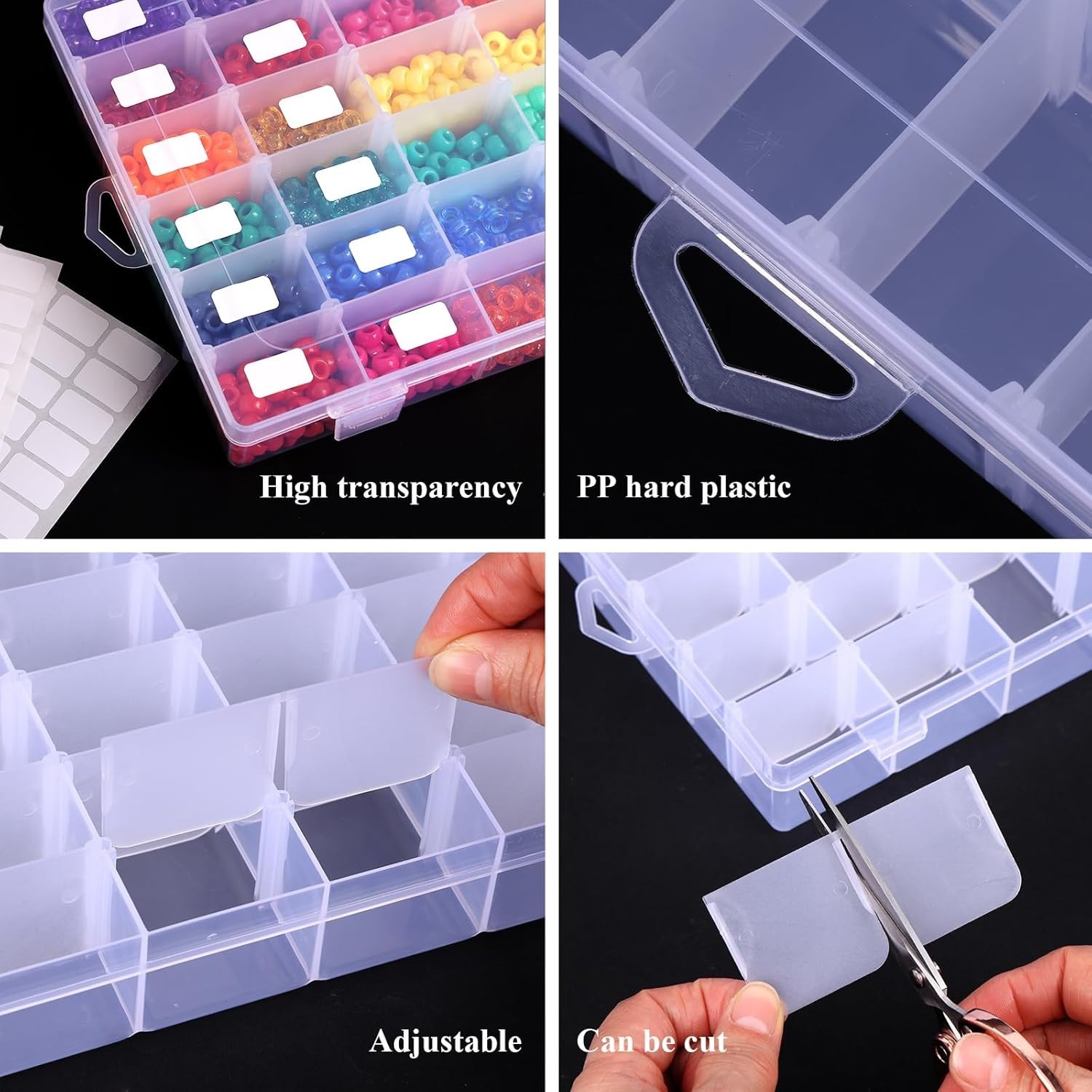 4 Pack 36 Grid Clear Bead Organizer Boxes with Adjustable Compartments & Labels