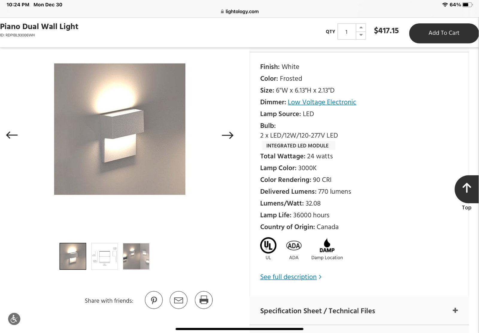 One white Artemide wall sconce  used for less than 100 hrs. 36,000 lamp life