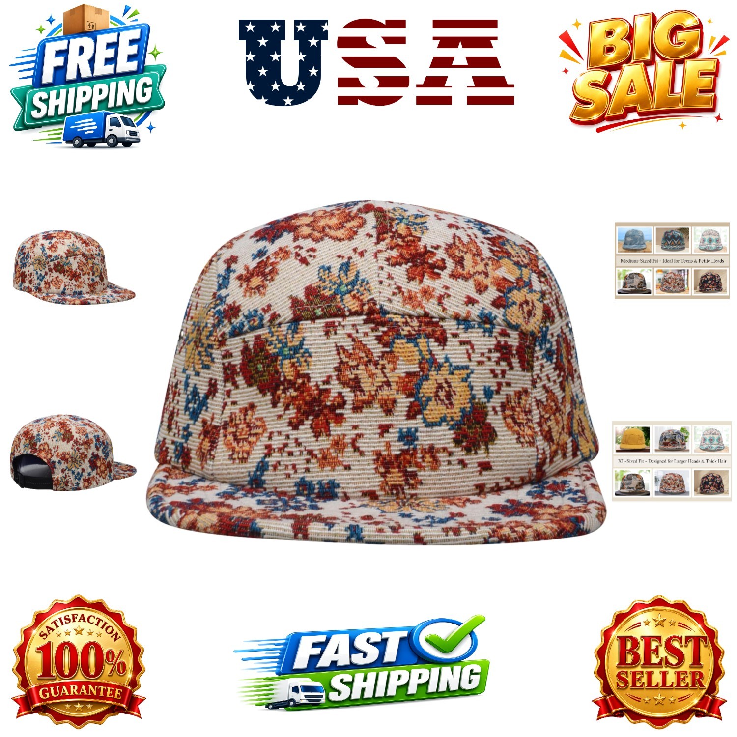 5 Panel Camper Hat | Multi-Color Unique Designs | Caps for Men & Women | Larg...