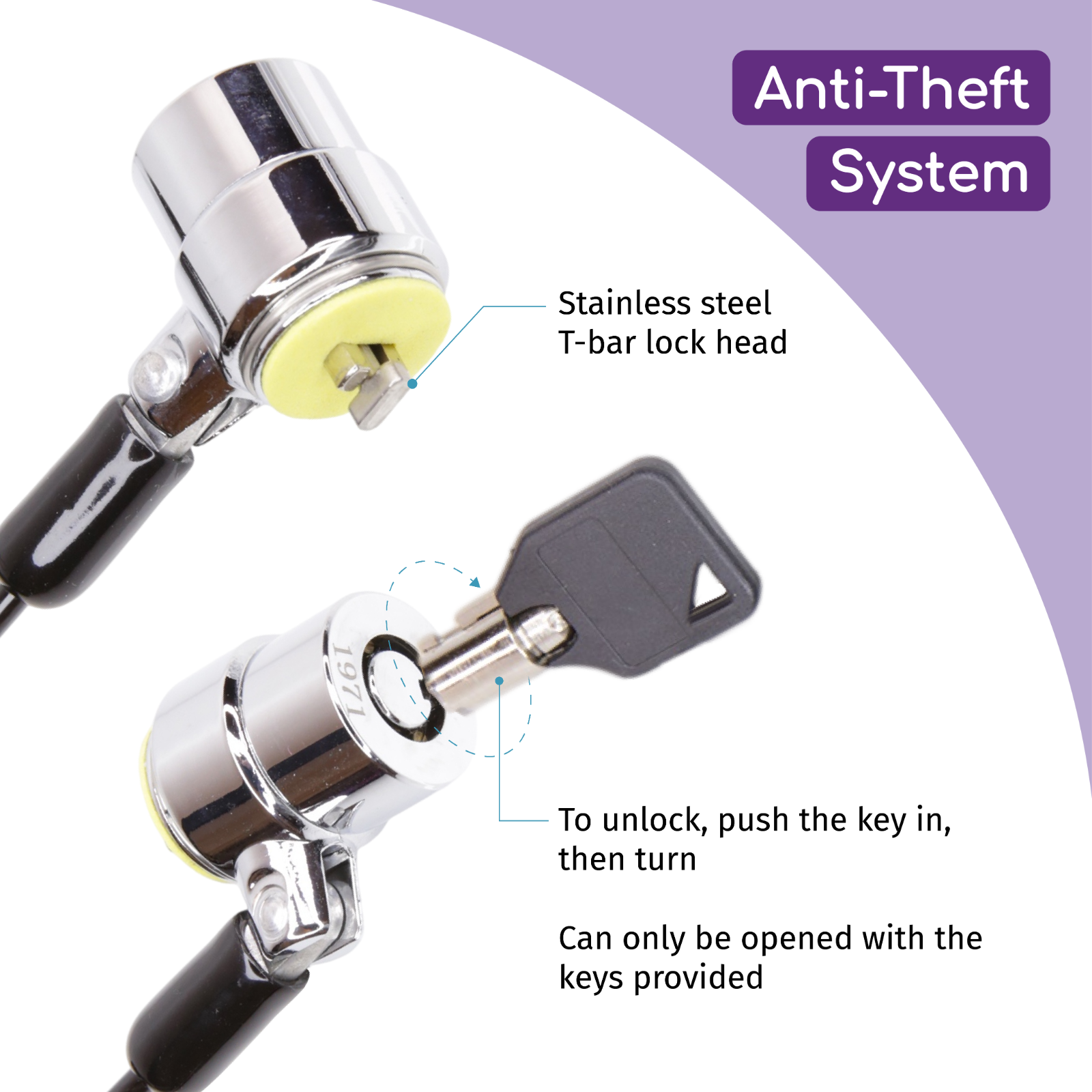 Laptop Security T-Bar Lock and 12 to 39 Inch Coiled Metal Cable with 2 Keys
