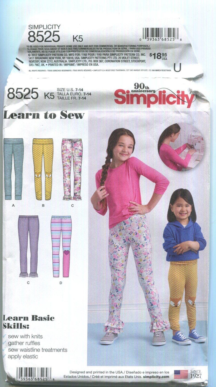 SIMPLICITY 8525 GIRLS' KNIT LEGGINGS SZ 7-14 UNCUT 2017