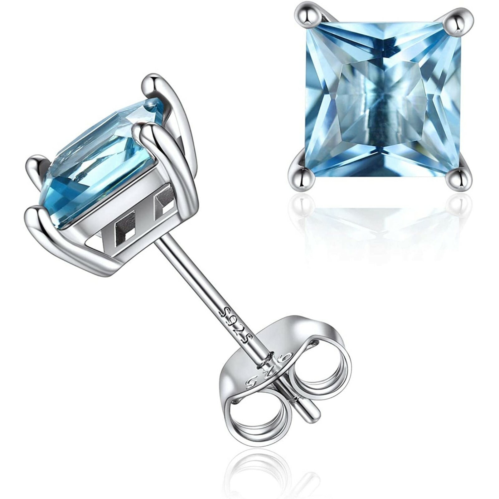1.25 ct. Genuine Aquamarine Princess Stud Earrings in Solid Sterling Silver