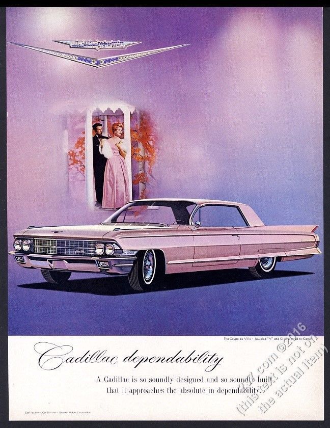 1962 Cadillac Coupe de Ville pink car 'Cadillac Dependability' vintage print ad