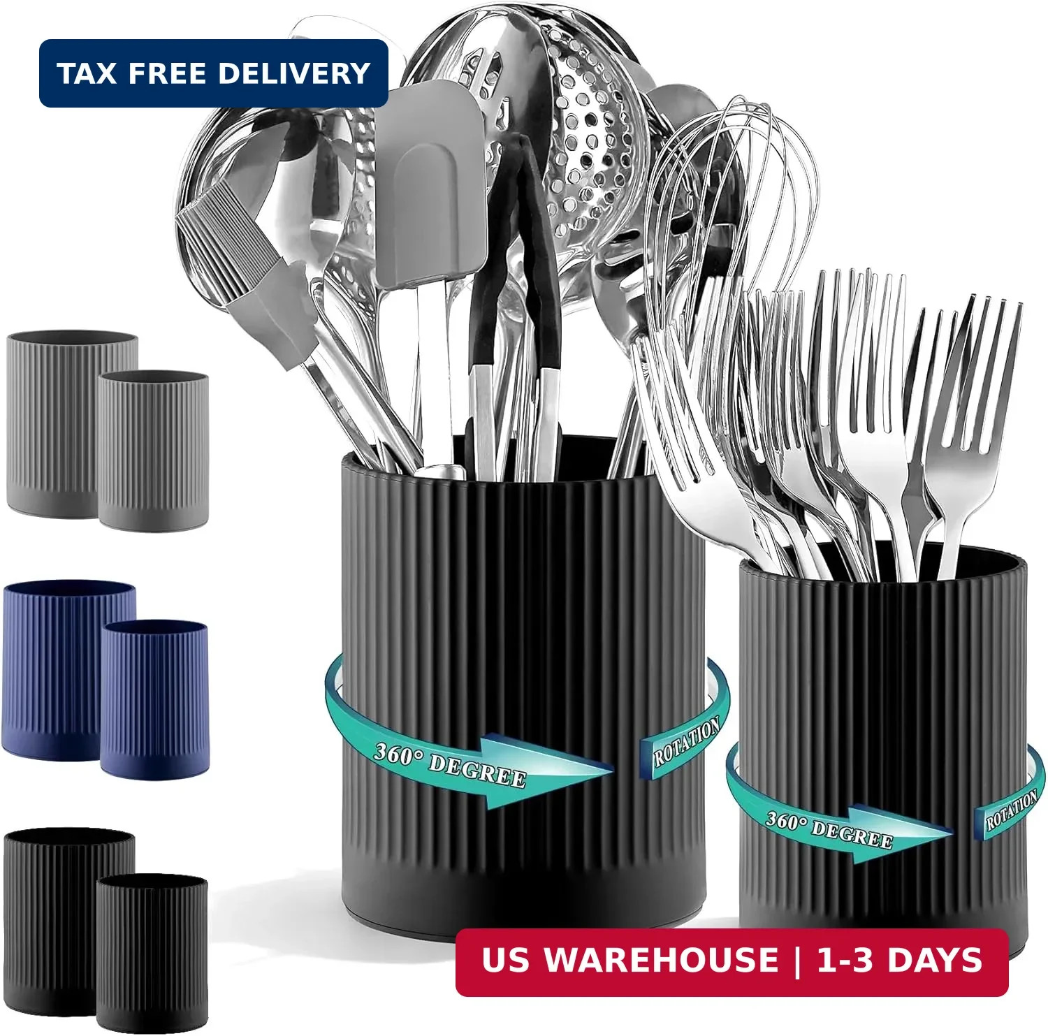 Kyraton Cooking Utensils Holder 2pcs, 360° Rotating Heavy Duty Plastic Kitchen U