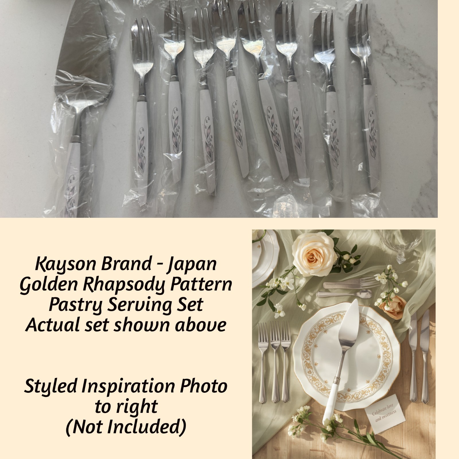 Vintage Cake Server & Fork Set 9pc Floral White Handle Tea Party Bridal Shower