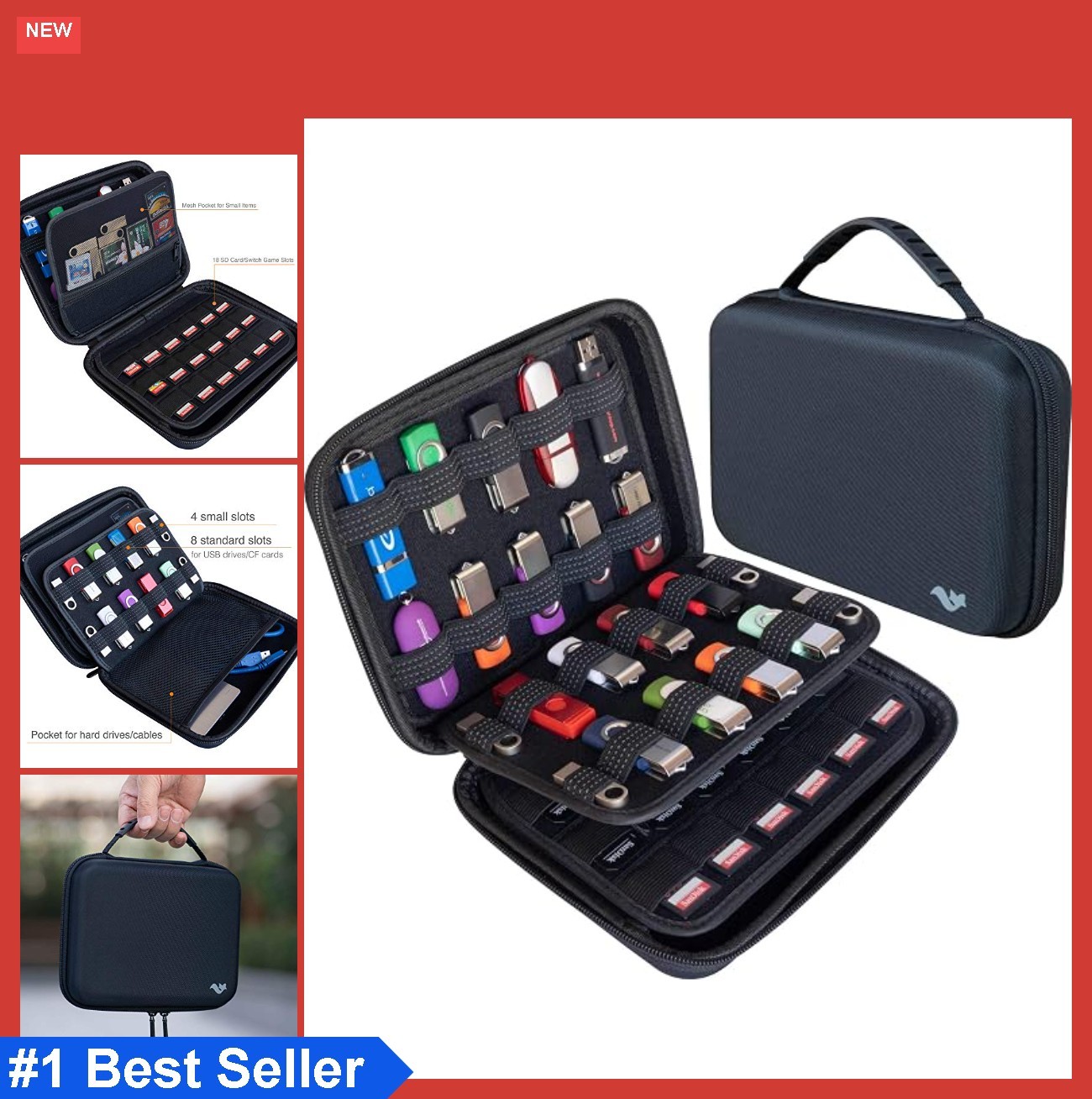 USB Flash Drive Hard Case 26 Slots SD Card Holder Storage Organizer Black