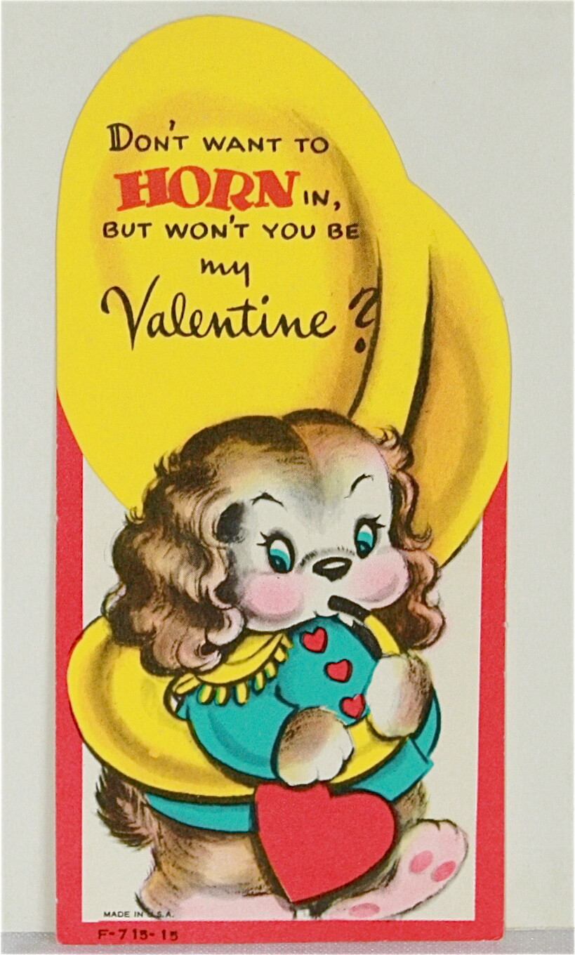 1950s Cocker Spaniel Puppy Dog Playing Tuba Don't Want 2 Horn in Be My Valentine