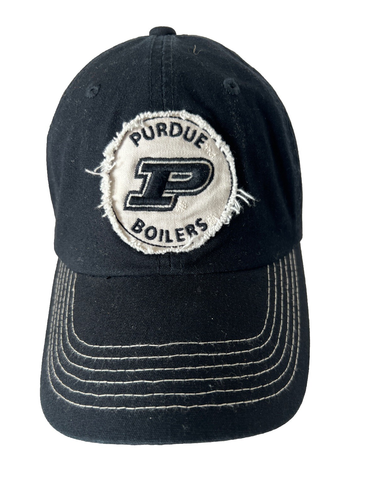 Purdue Boilers w P Logo Patch on Black Hat Cap Strap Buckle Black White Accents