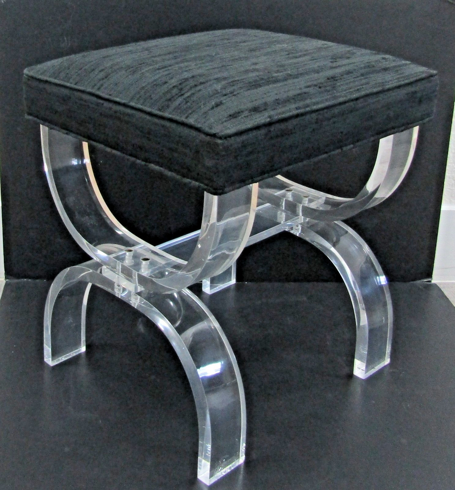 Vintage Lucite and Black Upholstery Thick Curved Legs X-Style Vanity Stool